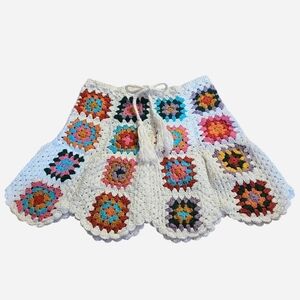 Handmade White Crochet Mini Skirt with Multicolor Squares
